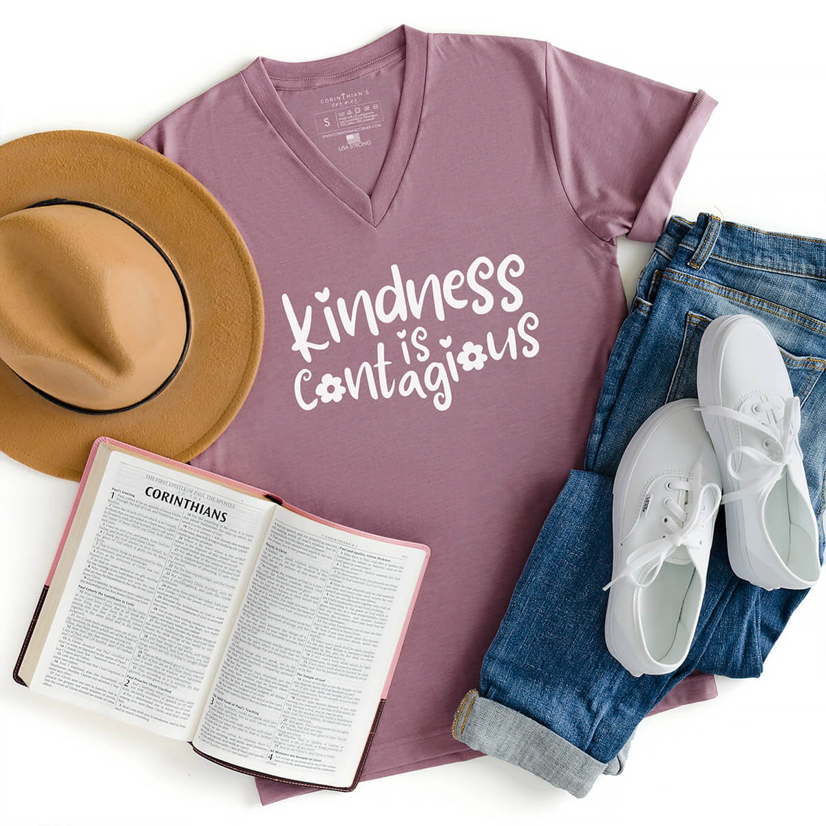 Uplifting kindness is contagious screenprinted v-neck shirt in orchid