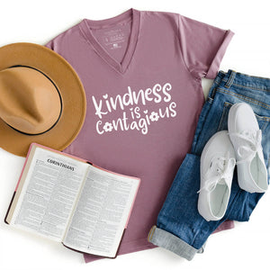 Uplifting kindness is contagious screenprinted v-neck shirt in orchid