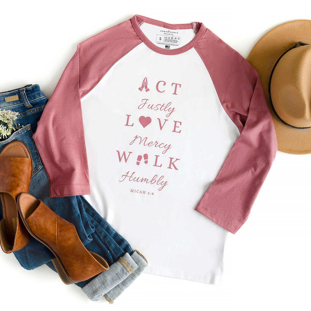 Act justly, love mercy, and walk humbly printed on a 3/4 sleeve t-shirt in mauve