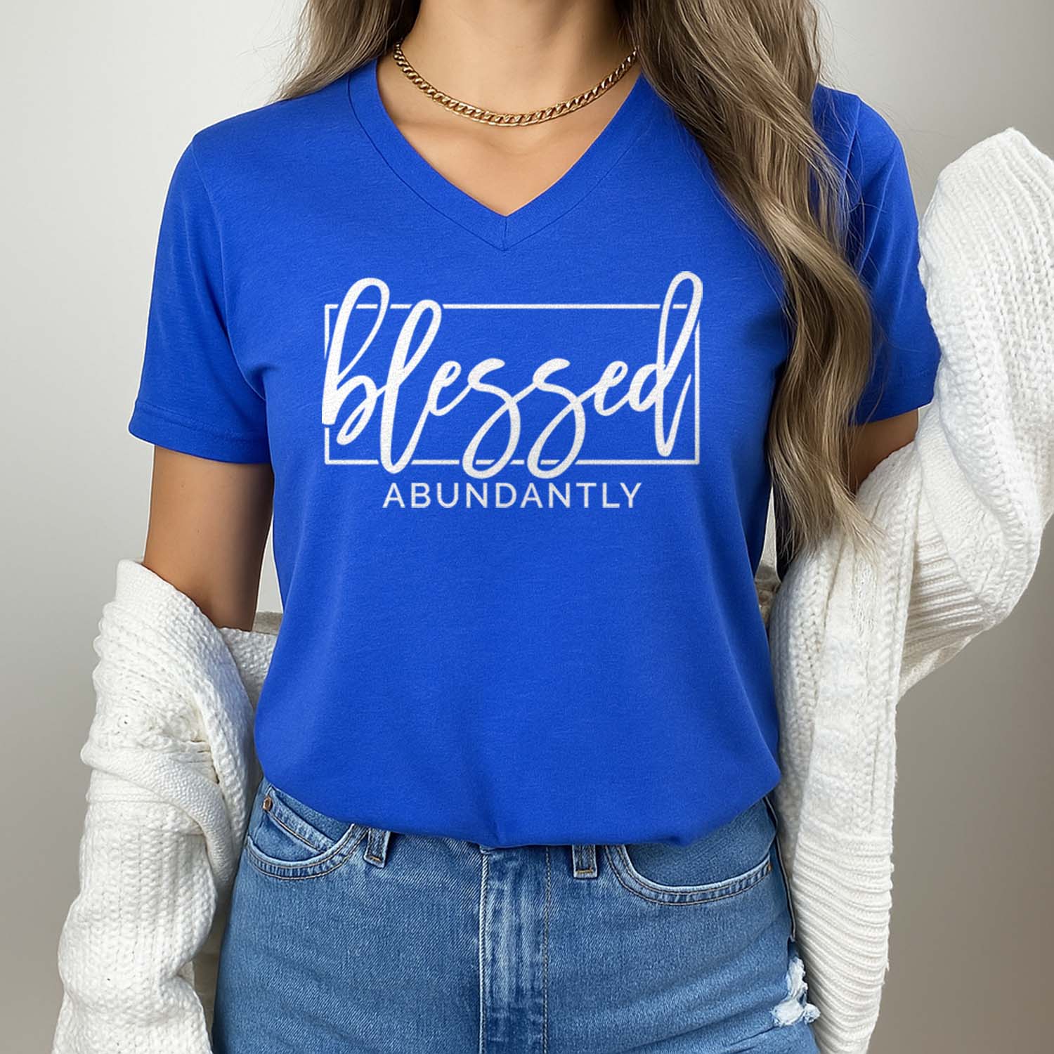 Blessed abundantly Christian v-neck shirt in royal blue