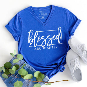 Blessed abundantly Christian v-neck shirt in royal blue