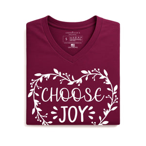 Maroon t-shirt with 'CHOOSE JOY' text on a white background