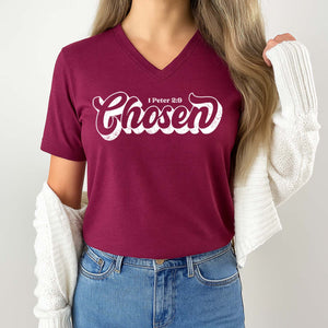 Chosen t-shirt in maroon inspired by 1 Peter 2:9 worn by a young woman
