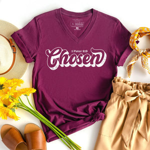 Chosen 1 Peter 2:9 inspirational v-neck in maroon color