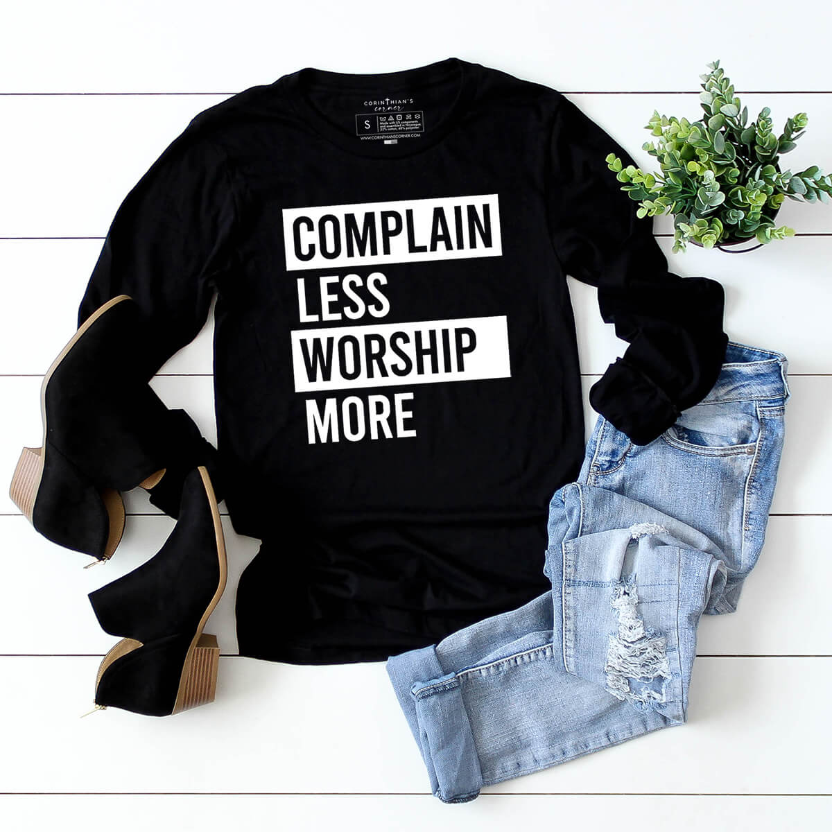 Complain less worship more women's long sleeve Christian t-shirt in black