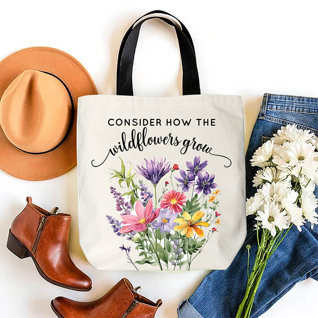 Consider how the wildflowers grow tote bag inspired by the Bible