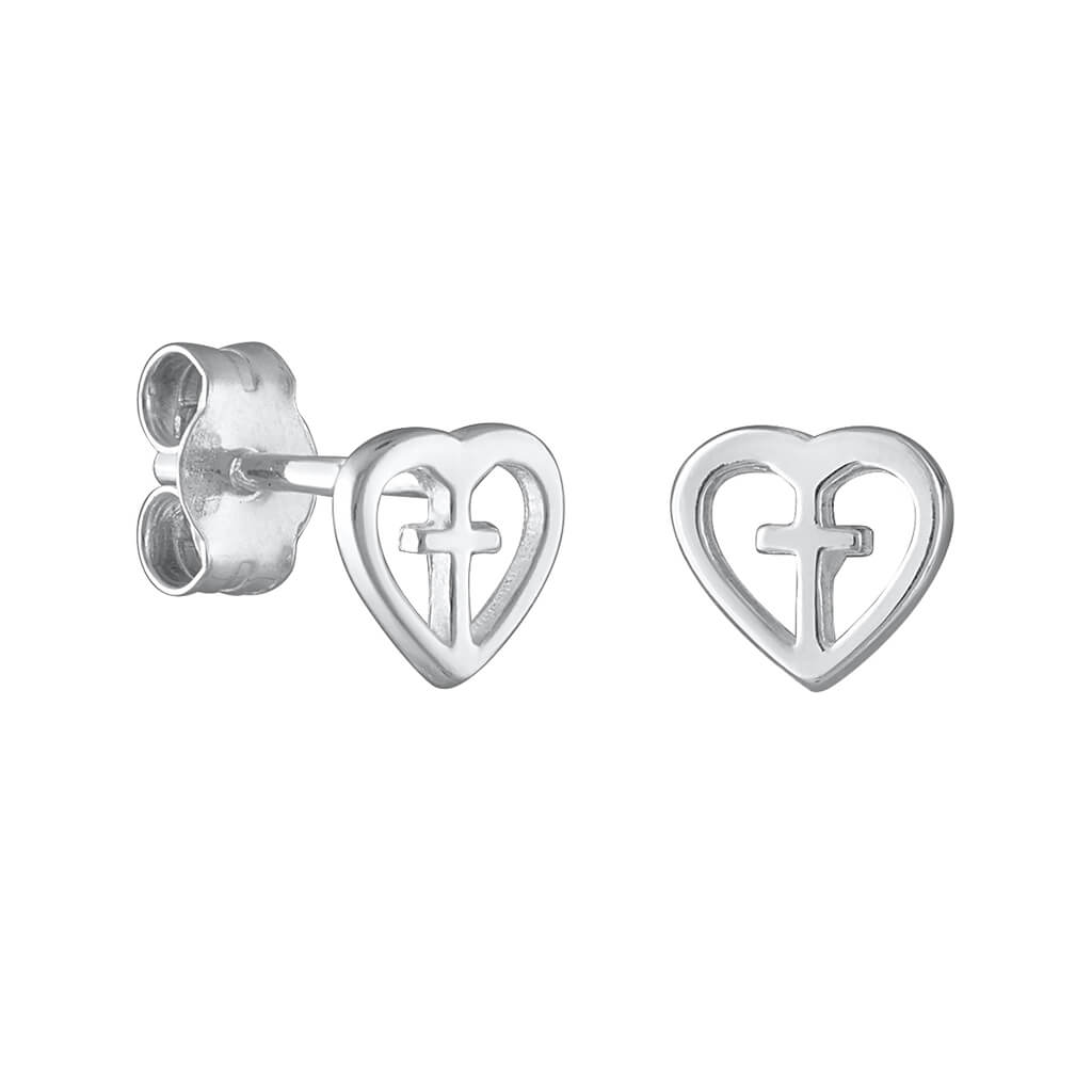 Stud earrings designed with a heart and cross fusion