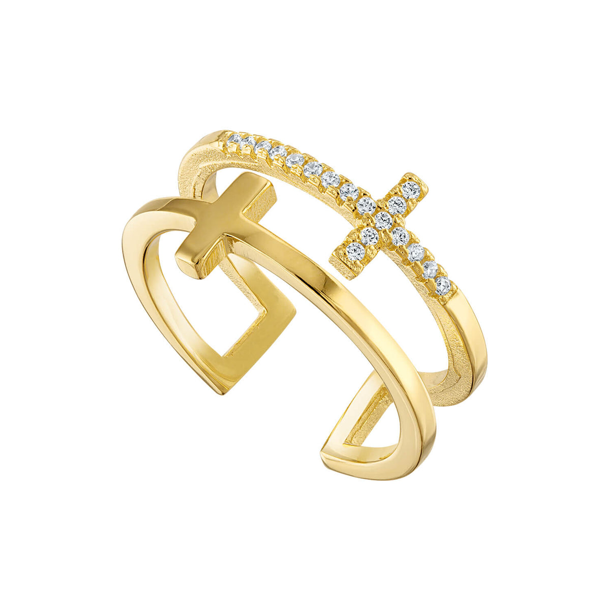 Our Dual Cross Ring is made with sterling sliver and 18 karat yellow gold plating