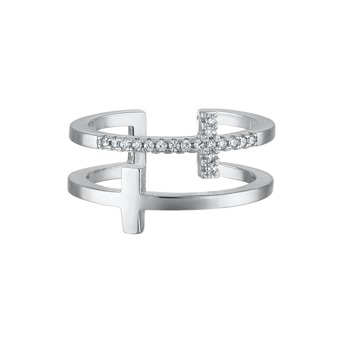 The Dual Cross Ring is made with sterling silver and cubic zirconia stones