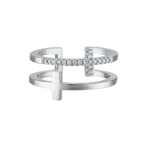 The Dual Cross Ring is made with sterling silver and cubic zirconia stones