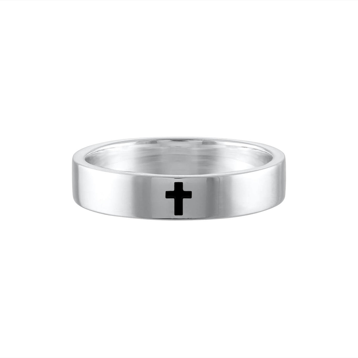 Sterling silver ring for men and women with a simple black cross engraved in the center