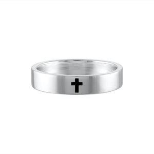 Sterling silver ring for men and women with a simple black cross engraved in the center