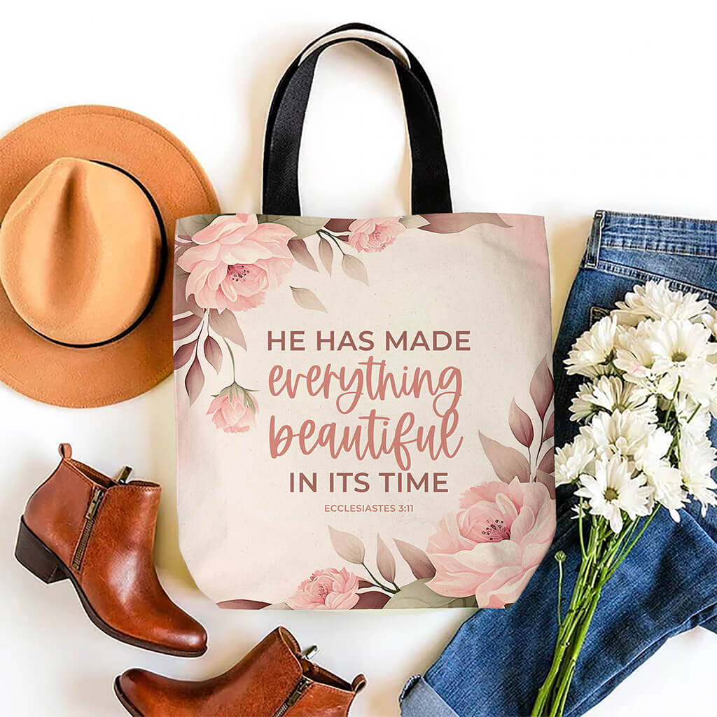 He has made everything beautiful in its time Biblical tote bag for women