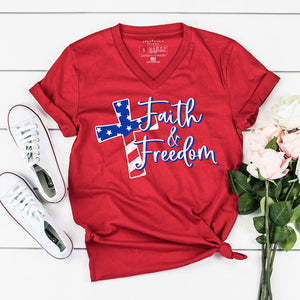 Red 4th of July v-neck that reads faith and freedom