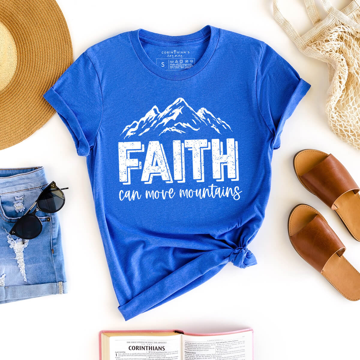 Faith can move mountains Christian graphic t-shirt for women in blue