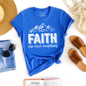 Faith can move mountains Christian graphic t-shirt for women in blue