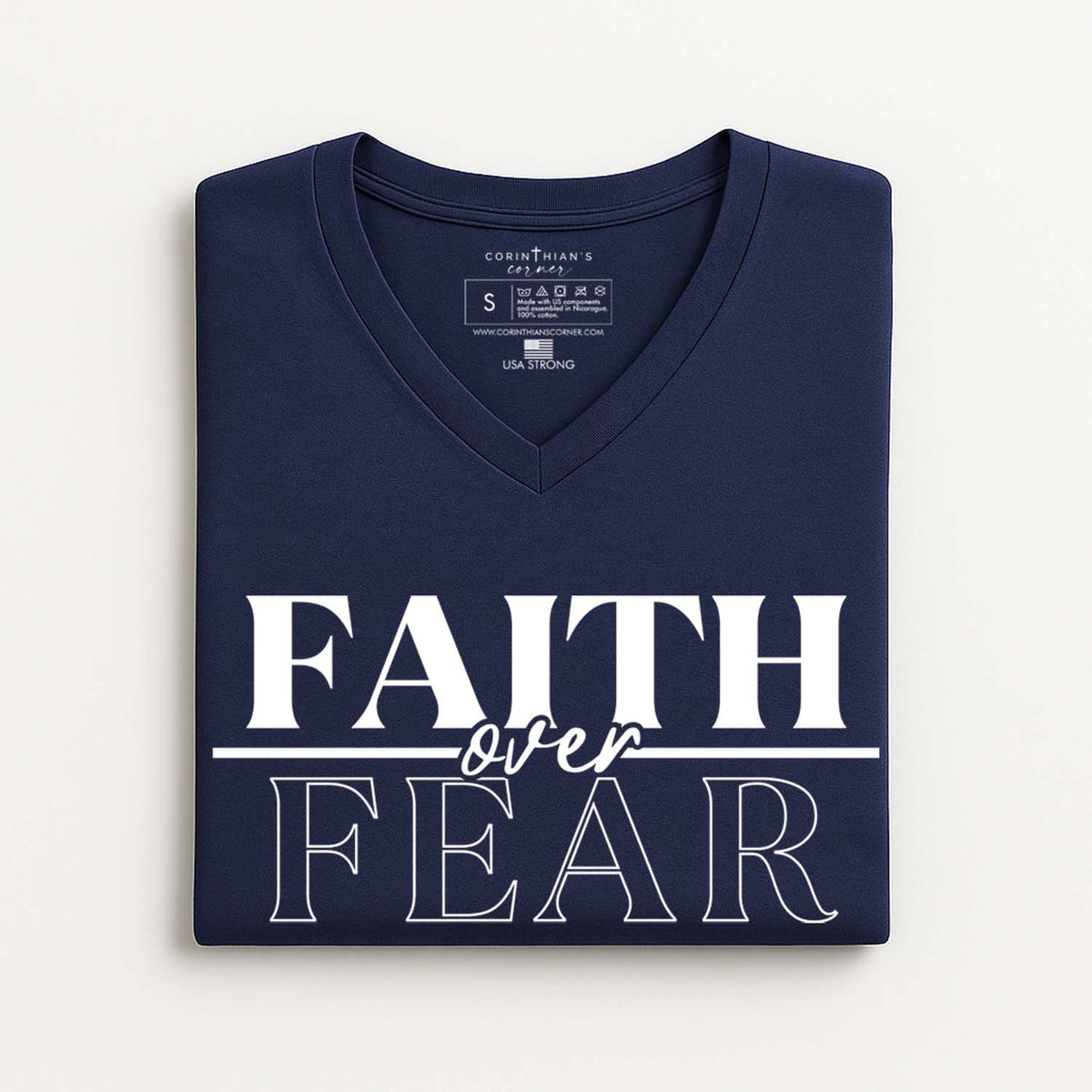Navy blue V-neck t-shirt with 'Faith over Fear' text on a white background