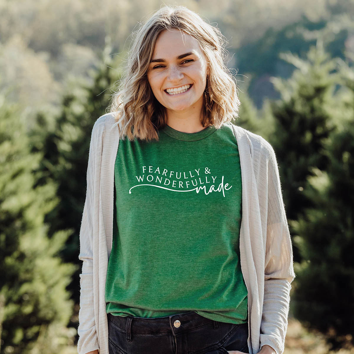 Fearfully and wonderfully made Biblical t-shirt worn outside among the trees