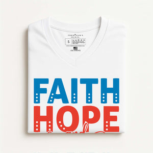 White t-shirt with 'FAITH HOPE and LOVE for our NATION' text in blue and red on a white background