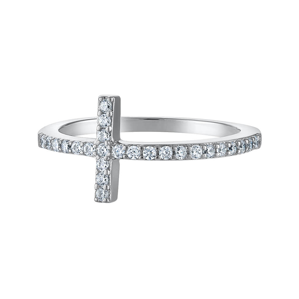 Close-up of a cross-shaped ring with sparkling CZ details