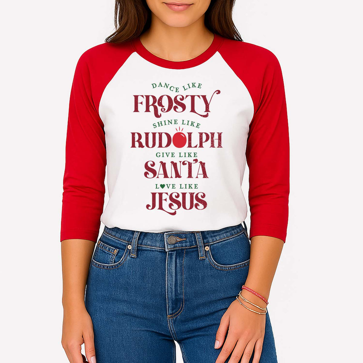 Woman wearing a red and white long-sleeve shirt with Christmas-themed text on a white background