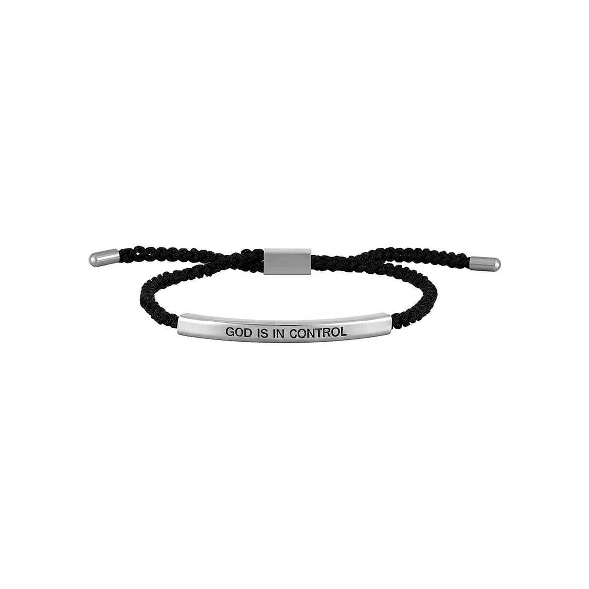 Woven bracelet with silver bar and 'GOD IS IN CONTROL' engraving