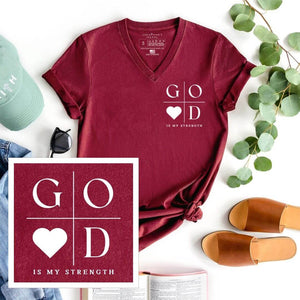 God is my strength v-neck zoomed in on graphic design