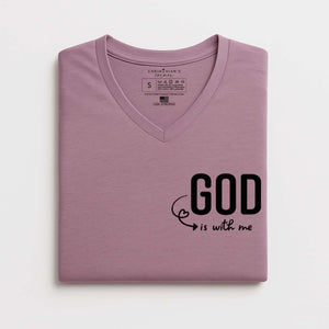 Folded pink t-shirt with 'GOD is with me' text on a white background