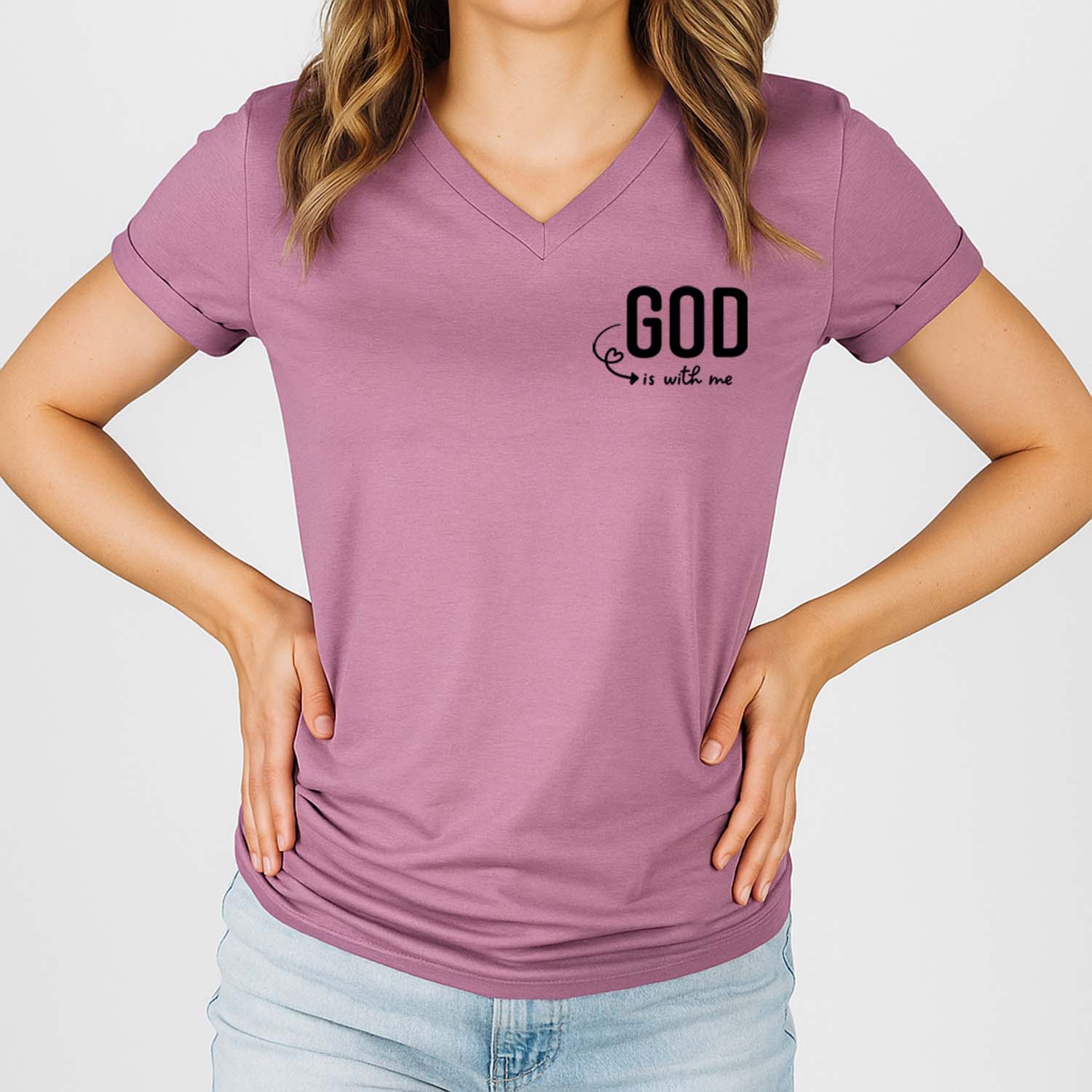 God is with me cute Christian pocket t-shirt with v-neck