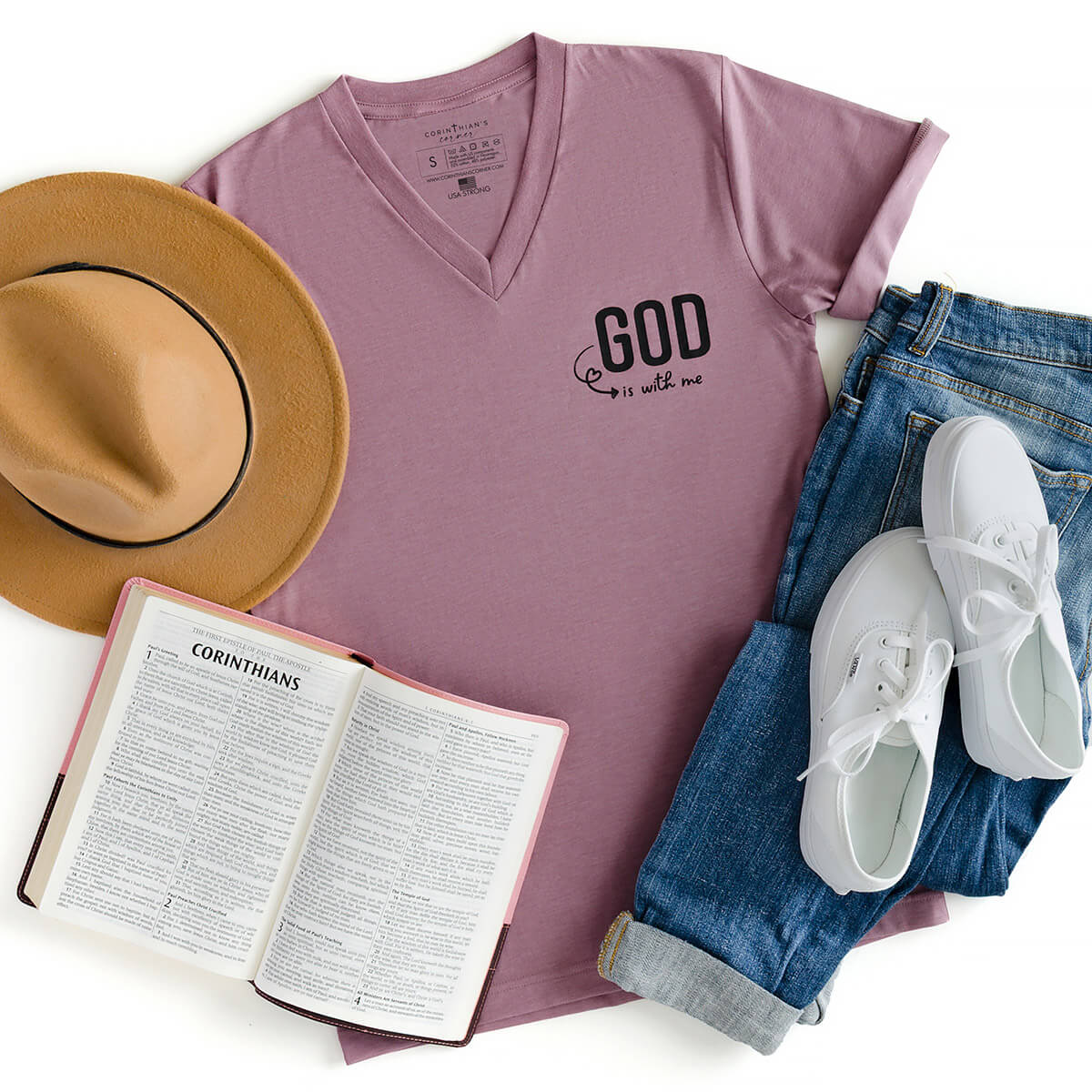 God is with me cute Christian pocket t-shirt with v-neck