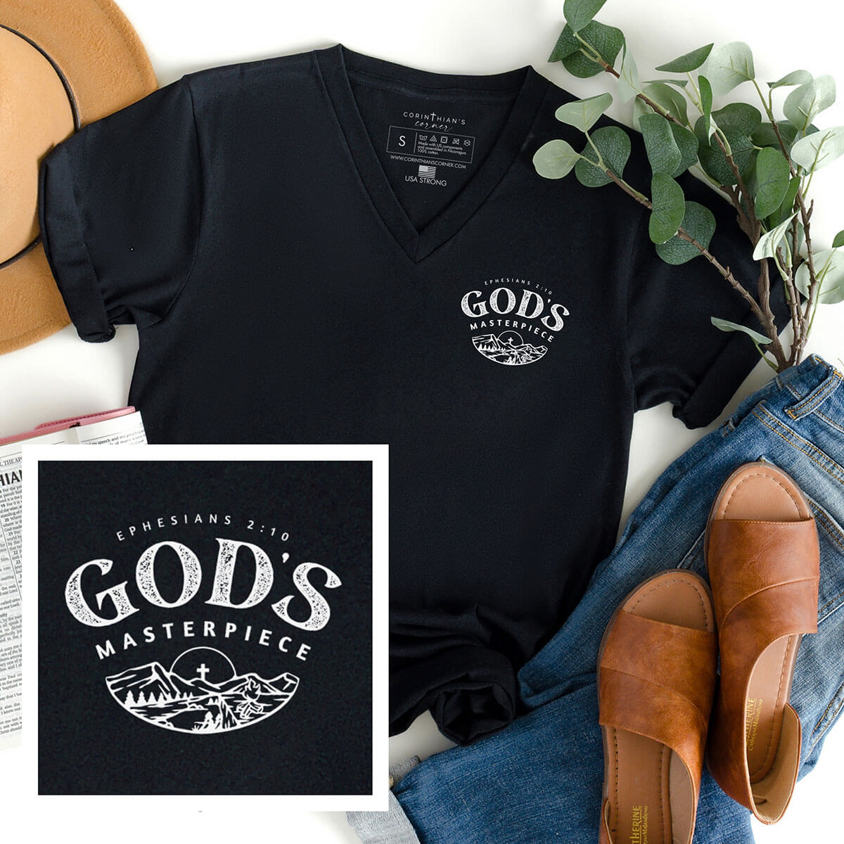 Ephesians Bible verse shirt on a black v-neck that reads God's masterpiece