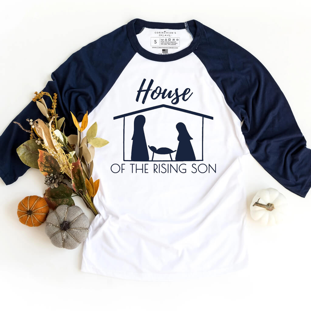 Loving manger scene on a blue and white raglan shirt for fall and winter