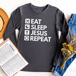 Eat sleep Jesus repeat long sleeve t-shirt in white print