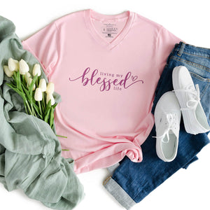 Living my blessed life pink Christian v-neck shirt