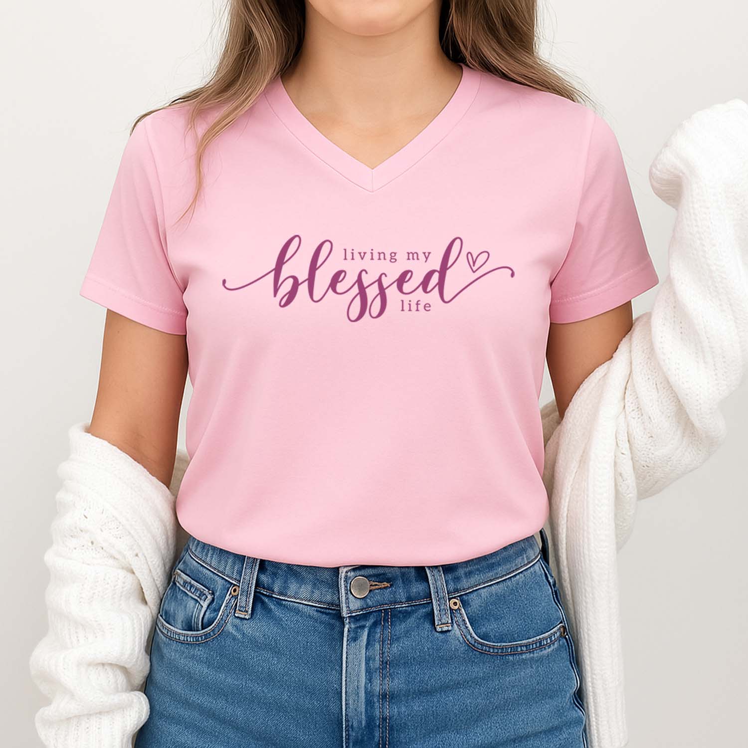 Living my blessed life pink Christian v-neck shirt