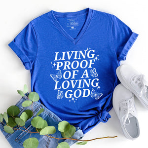 Living proof of a loving God v-neck for Christian women in royal blue