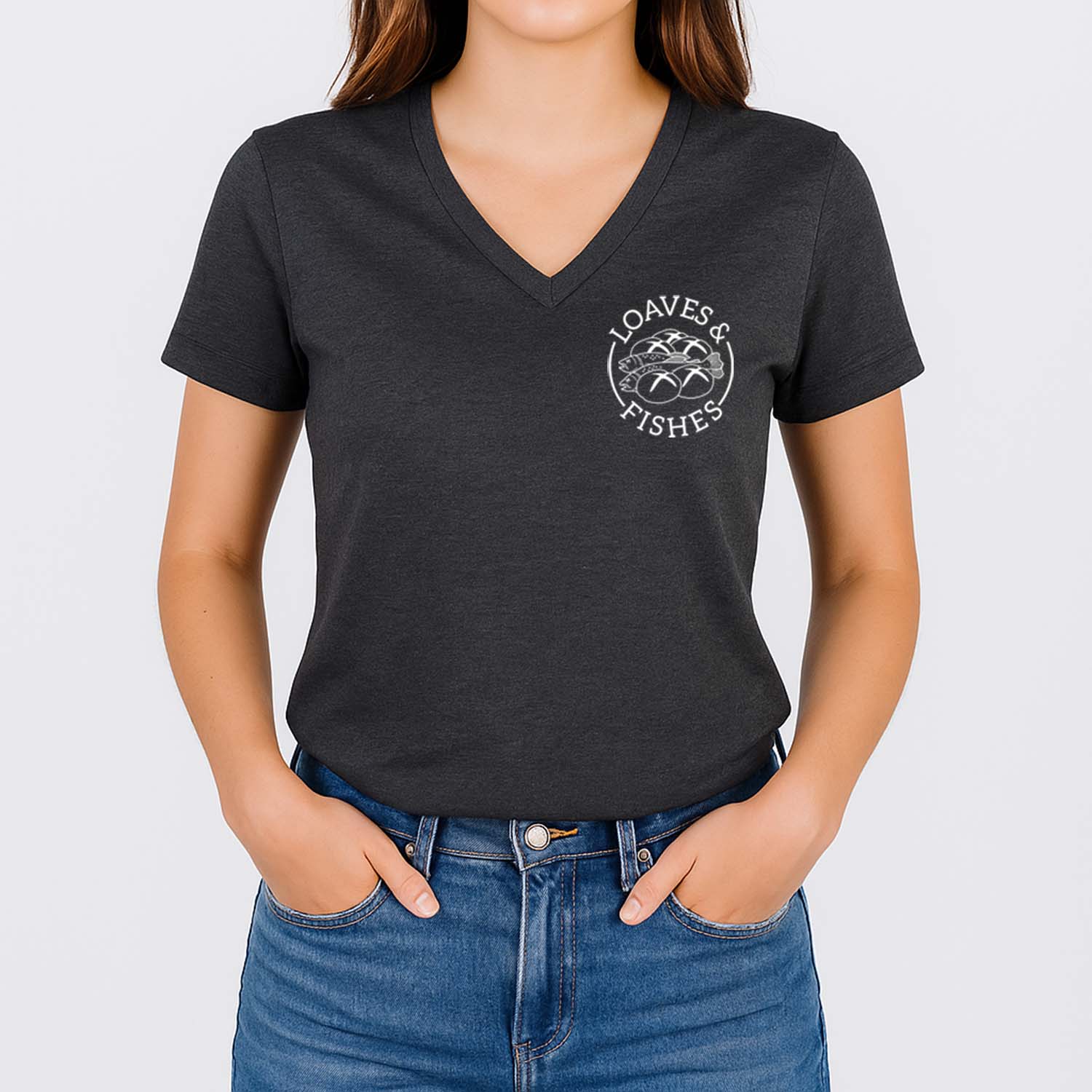 Simple Biblical v-neck shirt with a graphic of five loaves and two fishes