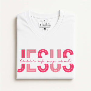 White t-shirt with pink text that reads Jesus lover of my soul