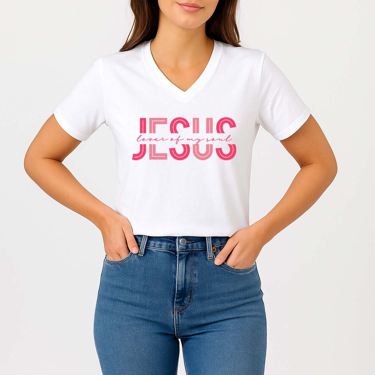 Person wearing a white t-shirt with 'Jesus lover of my soul' text in pink on a plain background