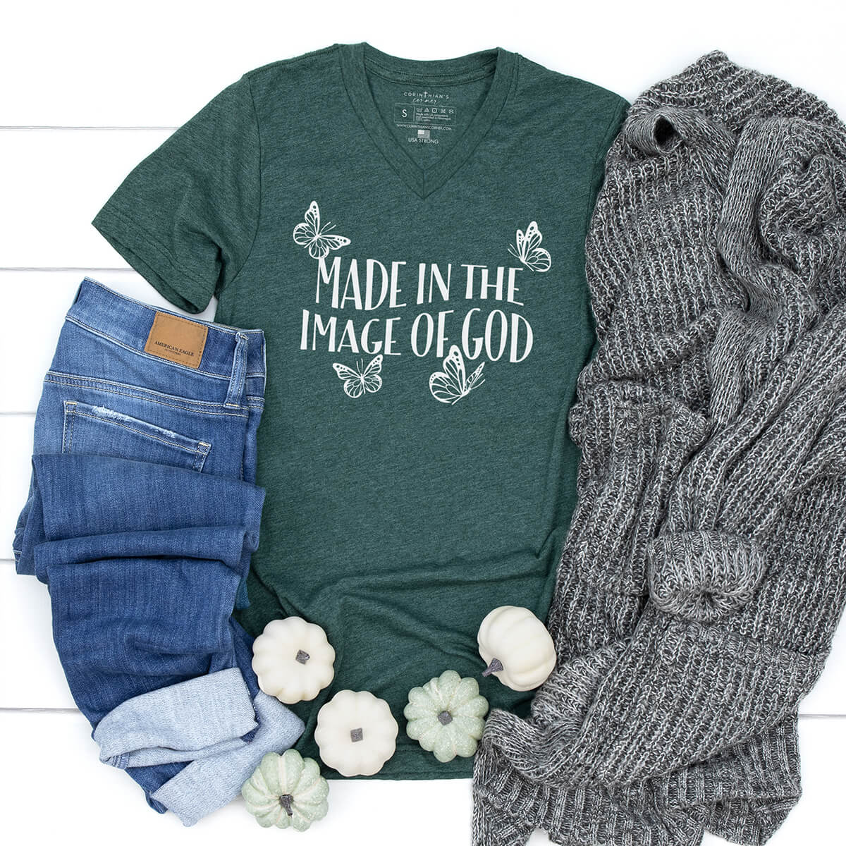 Made in the image of God faith-based v-neck in forest green