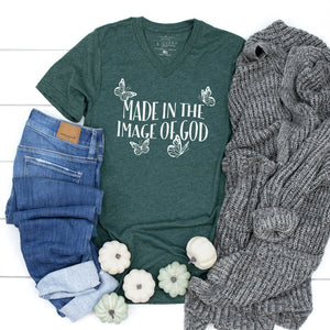 Made in the image of God faith-based v-neck in forest green