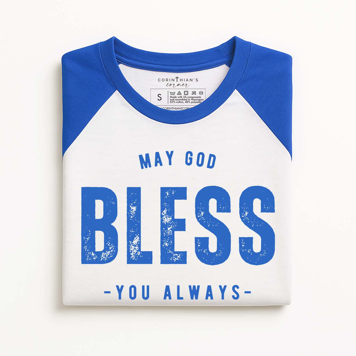 White t-shirt with blue sleeves and text 'May God Bless You Always' on a white background