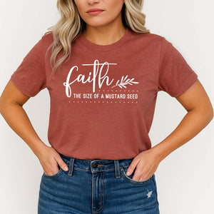 Seated woman looking at her faith the size of a mustard seed Biblical t-shirt