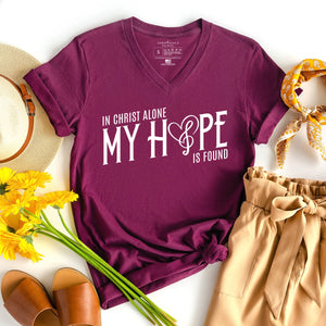 In Christ alone my hope is found Christian v-neck for women in maroon