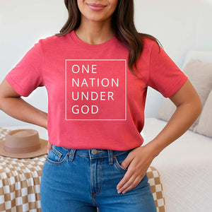 Woman wearing a red t-shirt with 'ONE NATION UNDER GOD' text.