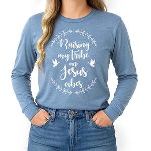 Blue long sleeve with white text and design on a white background