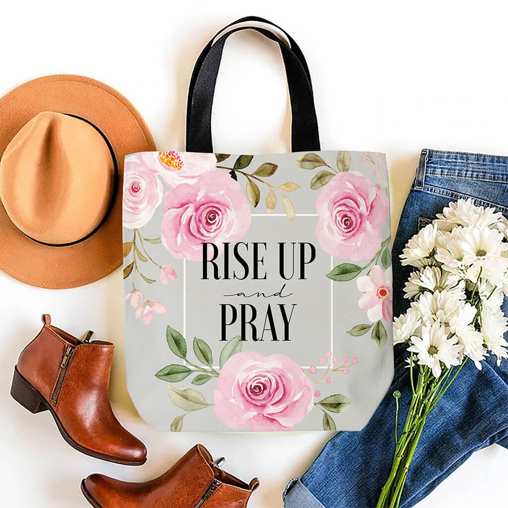 Rise up and pray tote bag with floral print for Christian women