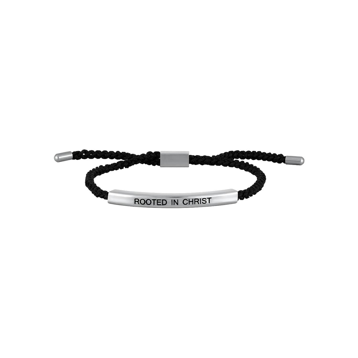 Black beaded bracelet with silver bar and 'Rooted In Christ' engraving on a white background