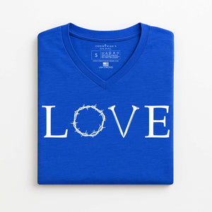 Blue V-neck t-shirt with 'LOVE' printed on it featuring a crown of thorns design