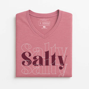 Pink t-shirt with 'Salty' text on a white background